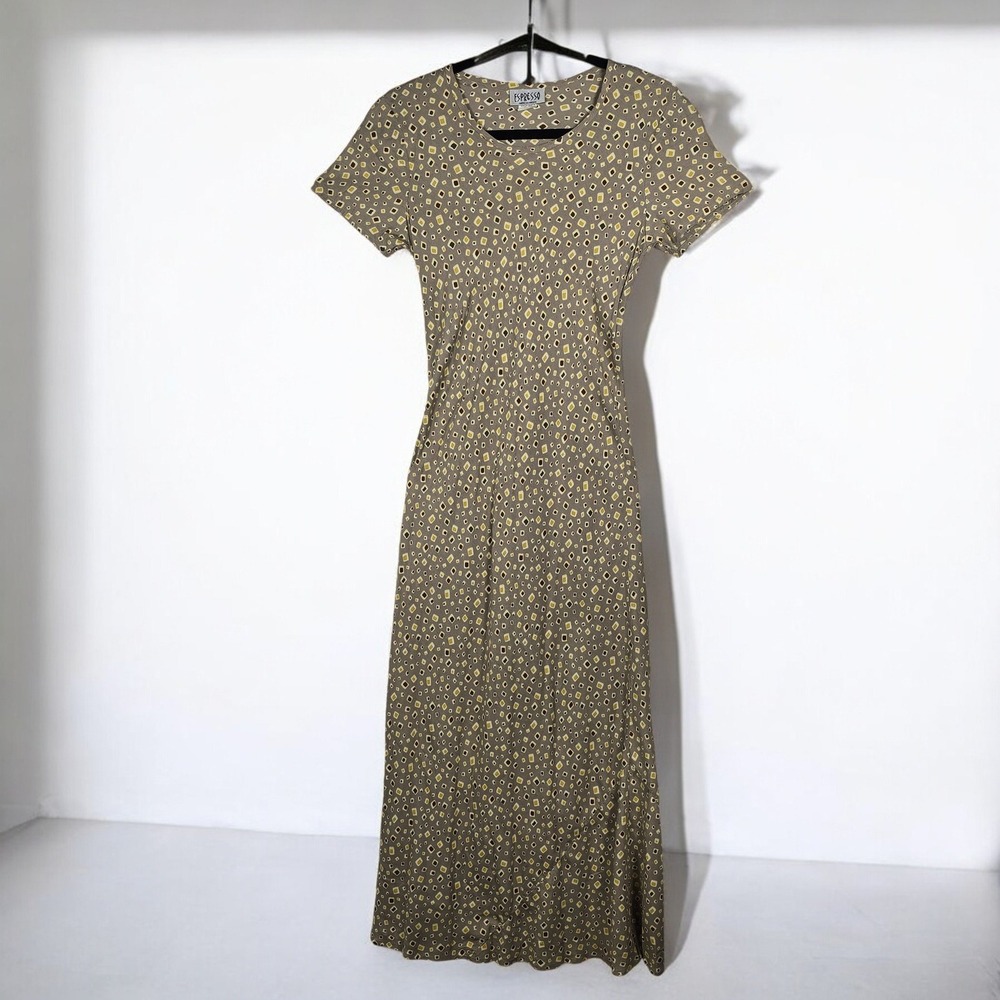 Vintage ESPRESSO Maxi Dress Women Small Tan Brown Yellow Geometric Print USA